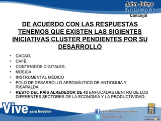 DE ACUERDO CON LAS RESPUESTAS
TENEMOS QUE EXISTEN LAS SIGIENTES
INICIATIVAS CLUSTER PENDIENTES POR SU
DESARROLLO
• CACAO.
• CAFÉ.
• CONTENIDOS DIGITALES.
• MÚSICA
• INSTRUMENTAL MÉDICO
• POLO DE DESARROLLO AERONÁUTICO DE ANTIOQUIA Y
RISARALDA.
• RESTO DEL PAÍS ALREDEDOR DE 43 ENFOCADAS DENTRO DE LOS
DIFERENTES SECTORES DE LA ECONOMÍA Y LA PRODUCTIVIDAD.
 