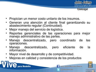 • Propician un menor costo unitario de los insumos.
• Generan una atención al cliente final garantizando su
abastecimiento regular (Continuidad).
• Mejor manejo del servicio de logística.
• Reportes gerenciales de las operaciones para mejor
manejo administrativo de las partes.
• Manejo descentralizado, pero coordinado de las
operaciones.
• Manejo descentralizado, pero eficiente de la
información.
• Mayor nivel de desarrollo y de competitividad.
• Mejoras en calidad y consistencia de los productos
 