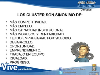 LOS CLUSTER SON SINONIMO DE:
• MÁS COMPETITIVIDAD.
• MÁS EMPLEO.
• MÁS CAPACIDAD INSTITUCIONAL.
• MÁS INGRESOS Y RENTABILIDAD.
• TEJIDO EMPRESARIAL FORTALECIDO.
• DESARROLLO.
• OPORTUNIDAD.
• EMPRENDIMIENTO.
• TRABAJO EN EQUIPO.
• IGUALDAD.
• PROGRESO.
 