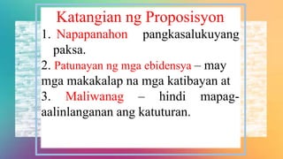 Katangian ng Proposisyon
1. Napapanahon pangkasalukuyang
paksa.
2. Patunayan ng mga ebidensya – may
mga makakalap na mga katibayan at
3. Maliwanag – hindi mapag-
aalinlanganan ang katuturan.
 