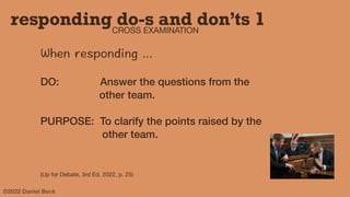 ©2022 Daniel Beck
CROSS EXAMINATION
When responding ...
DO: Answer the questions from the
other team.
PURPOSE: To clarify the points raised by the
other team.
(Up for Debate, 3rd Ed. 2022, p. 25)
responding do-s and don’ts 1
 