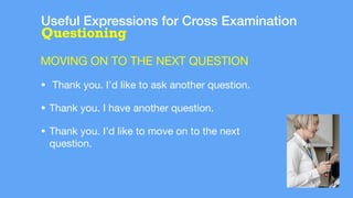 Useful Expressions for Cross Examination
Questioning
MOVING ON TO THE NEXT QUESTION
• Thank you. I’d like to ask another question.
• Thank you. I have another question.
• Thank you. I’d like to move on to the next
question.
 