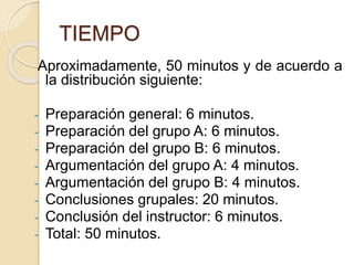 TIEMPO
Aproximadamente, 50 minutos y de acuerdo a
la distribución siguiente:
- Preparación general: 6 minutos.
- Preparación del grupo A: 6 minutos.
- Preparación del grupo B: 6 minutos.
- Argumentación del grupo A: 4 minutos.
- Argumentación del grupo B: 4 minutos.
- Conclusiones grupales: 20 minutos.
- Conclusión del instructor: 6 minutos.
- Total: 50 minutos.
 