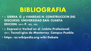 BIBLIOGRAFIA
• 1. SIERRA, G. y VANEGAS N. CONSTRUCCIÓN DEL
DISCURSO, UNIVERSIDAD EAN, CUARTA
EDICION, 2012 P. 182, 183.
• 2. Expresión Verbal en el Ámbito Profesional,
2011, Tecnológico de Monterrey, Campus Puebla.
• https://es.wikipedia.org/wiki/Debate
 