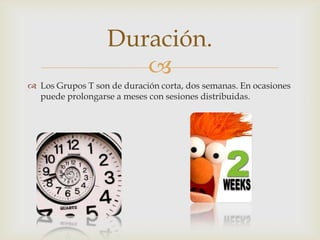 
Duración.
 Los Grupos T son de duración corta, dos semanas. En ocasiones
puede prolongarse a meses con sesiones distribuidas.
 