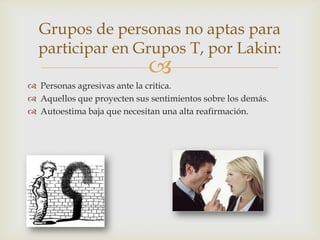 
Grupos de personas no aptas para
participar en Grupos T, por Lakin:
 Personas agresivas ante la critica.
 Aquellos que proyecten sus sentimientos sobre los demás.
 Autoestima baja que necesitan una alta reafirmación.
 