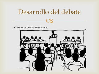 
Desarrollo del debate
 Sesiones de 45 a 60 minutos.
 