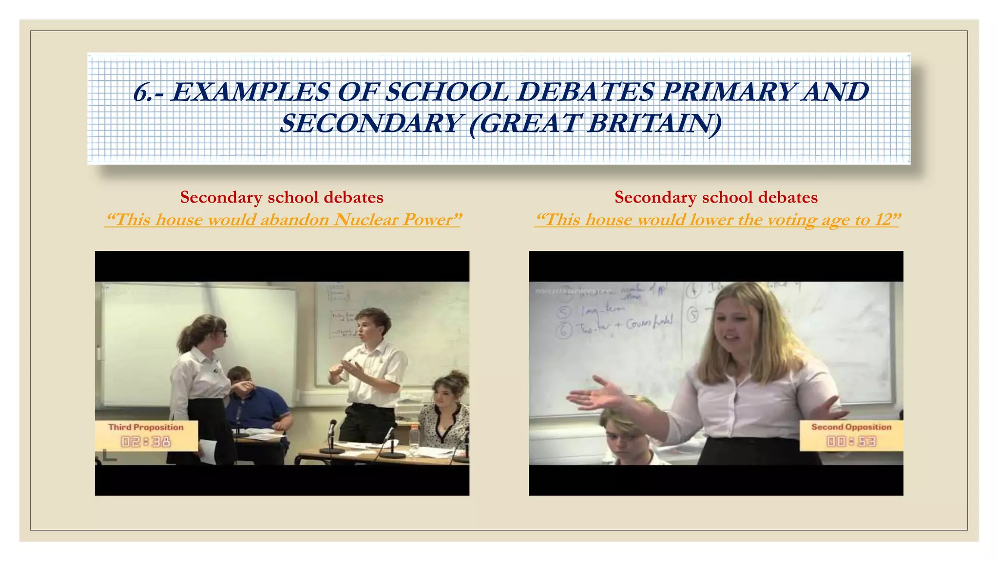 Secondary school debates
“This house would abandon Nuclear Power”
Secondary school debates
“This house would lower the voting age to 12”
6.- EXAMPLES OF SCHOOL DEBATES PRIMARY AND
SECONDARY (GREAT BRITAIN)
 