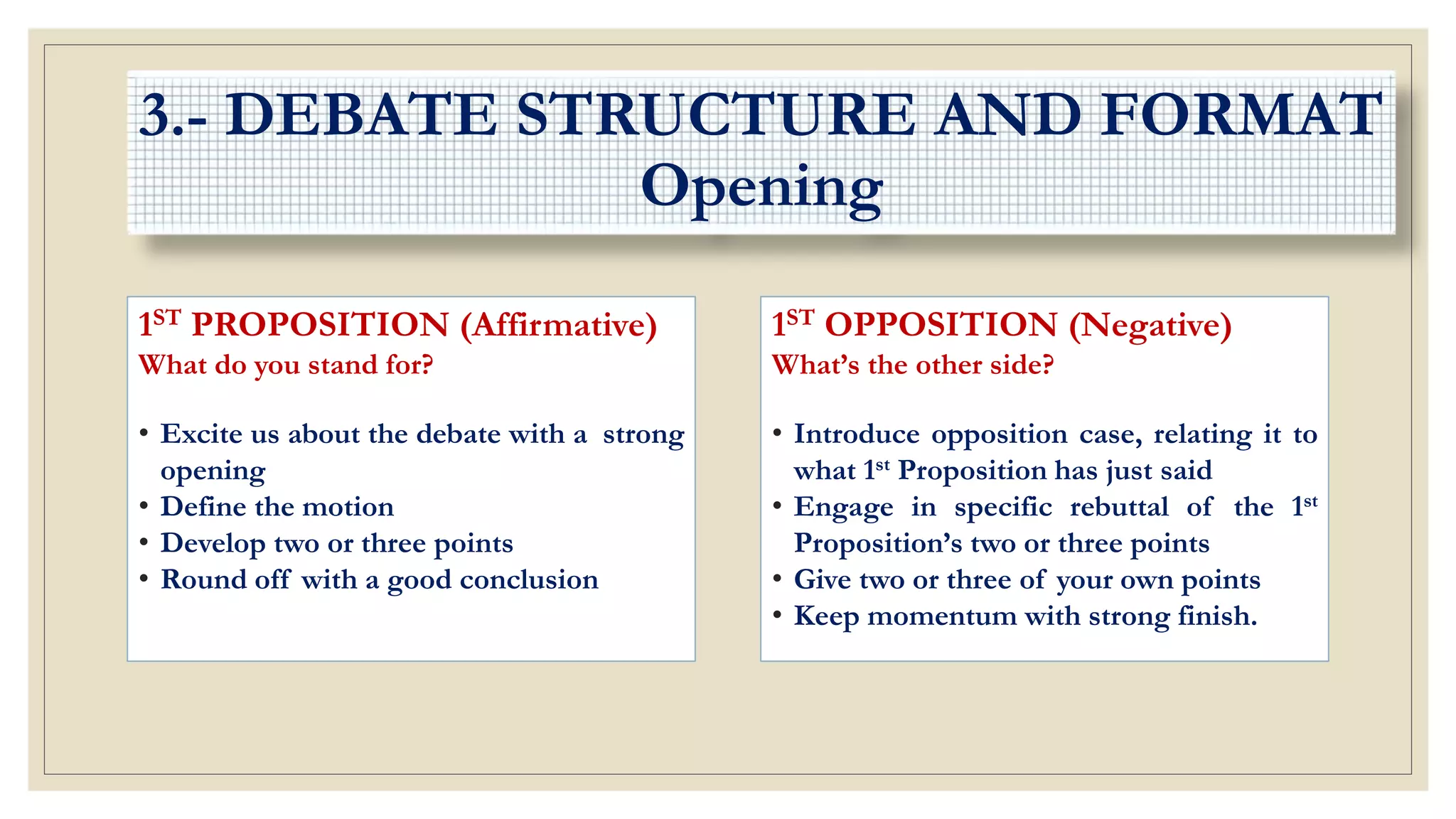 1ST PROPOSITION (Affirmative)
What do you stand for?
• Excite us about the debate with a strong
opening
• Define the motion
• Develop two or three points
• Round off with a good conclusion
1ST OPPOSITION (Negative)
What’s the other side?
• Introduce opposition case, relating it to
what 1st Proposition has just said
• Engage in specific rebuttal of the 1st
Proposition’s two or three points
• Give two or three of your own points
• Keep momentum with strong finish.
3.- DEBATE STRUCTURE AND FORMAT
Opening
 