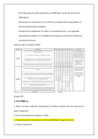 - Perú logró pasar de grado especulativo en 2008 (Ba1) a grado de inversión en
2009 (Baa3).
- Perú alcanzó la calificación A3 en el 2014 por el manejo fiscal responsable y el
buen desempeño macroeconómico
- Evaluación fue rebajada de A3 a Baa1 en setiembre del 2021, con capacidad
adecuada para cumplir con sus obligaciones financieras, pero posee condiciones
económicas adversas.
ESCALA DE CLASIFICACIÓN:
Fuente: IPE
2. El EMBI es:
a. Índice de bonos soberanos denominados en dólares emitidos por una selección de
países emergentes.
b. Una recomendación de comprar o vender
c. Una percepción de mercado acerca de la probabilidad de pago del emisor.
d. Todas las anteriores
 