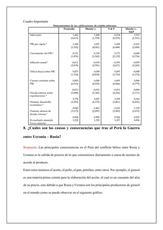 Cuadro Importante
8. ¿Cuáles son las causas y consecuencias que trae al Perú la Guerra
entre Ucrania – Rusia?
Respuesta: Las principales consecuencias en el Perú del conflicto bélico entre Rusia y
Ucrania es la subida de precios de lo que consumimos diariamente a causa de razones de
acorde al producto.
Entre estos tenemos el aceite, el pollo, el pan, petróleo, entre otros. Por ejemplo, el girasol
es una materia prima común para la elaboración del aceite, el cual es un causante del alza
de su precio, esto debido a que Rusia y Ucrania son los principales productores de girasol
en el mundo como se puede observar en el siguiente gráfico:
 