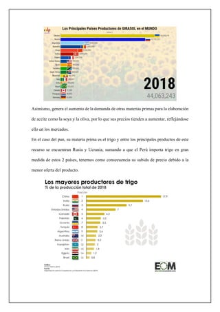 Asimismo, genera el aumento de la demanda de otras materias primas para la elaboración
de aceite como la soya y la oliva, por lo que sus precios tienden a aumentar, reflejándose
ello en los mercados.
En el caso del pan, su materia prima es el trigo y entre los principales productos de este
recurso se encuentran Rusia y Ucrania, sumando a que el Perú importa trigo en gran
medida de estos 2 países, tenemos como consecuencia su subida de precio debido a la
menor oferta del producto.
 