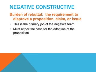 NEGATIVE CONSTRUCTIVE 
Burden of rebuttal: the requirement to 
disprove a proposition, claim, or issue 
• This is the primary job of the negative team 
• Must attack the case for the adoption of the 
proposition 
 