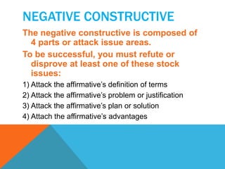 NEGATIVE CONSTRUCTIVE 
The negative constructive is composed of 
4 parts or attack issue areas. 
To be successful, you must refute or 
disprove at least one of these stock 
issues: 
1) Attack the affirmative’s definition of terms 
2) Attack the affirmative’s problem or justification 
3) Attack the affirmative’s plan or solution 
4) Attach the affirmative’s advantages 
 