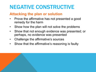NEGATIVE CONSTRUCTIVE 
Attacking the plan or solution 
• Prove the affirmative has not presented a good 
remedy for the harm 
• Show how the plan will not solve the problems 
• Show that not enough evidence was presented; or 
perhaps, no evidence was presented 
• Challenge the affirmative’s sources 
• Show that the affirmative’s reasoning is faulty 
 