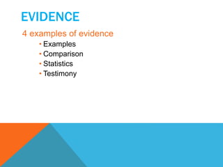 EVIDENCE 
4 examples of evidence 
• Examples 
• Comparison 
• Statistics 
• Testimony 
 