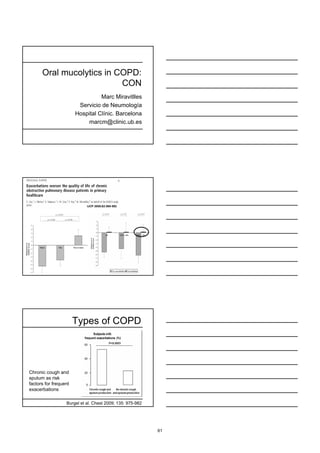 Oral mucolytics in COPD:
                          CON
                                 Marc Miravitlles
                        Servicio de Neumología
                       Hospital Clínic. Barcelona
                           marcm@clinic.ub.es




                            IJCP 2008;62:585-592




                       Types of COPD




Chronic cough and
sputum as risk
factors for frequent
exacerbations

                  Burgel et al. Chest 2009; 135: 975-982




                                                           61
 