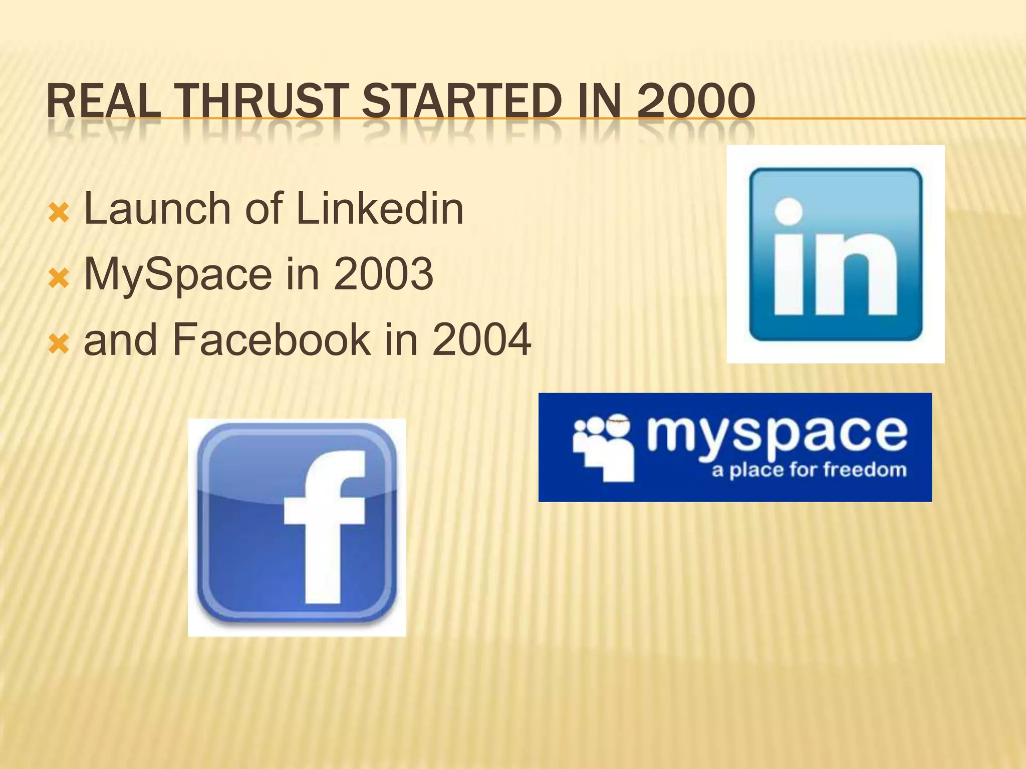 REAL THRUST STARTED IN 2000

 Launch of Linkedin
 MySpace in 2003

 and Facebook in 2004
 