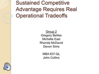 Sustained Competitive
Advantage Requires Real
Operational Tradeoffs
Group 2
Gregory Beliles
Michelle East
Rhonda McDavid
Devon Sims
MBA 637-QL
John Collins
 