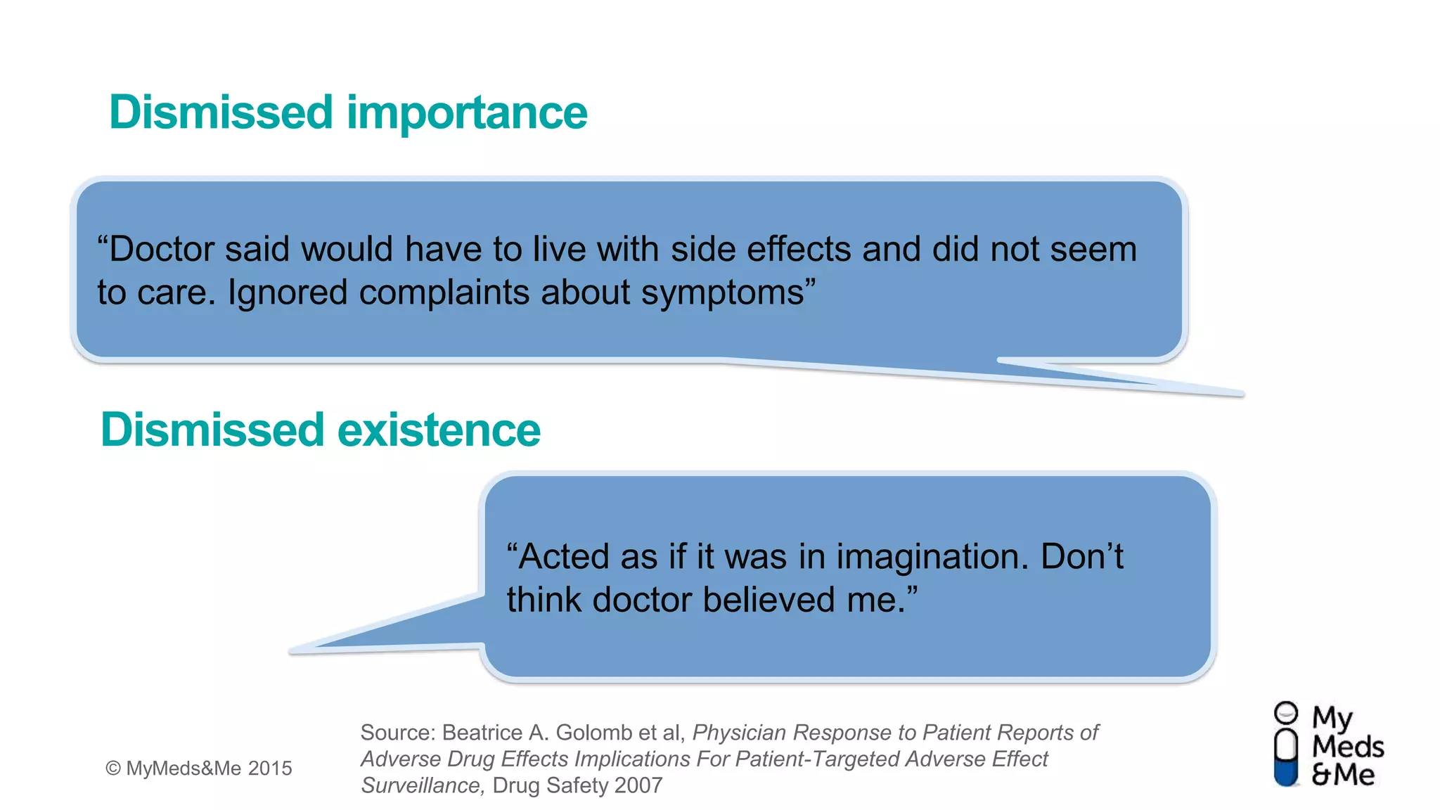 © MyMeds&Me 2015
Dismissed importance
“Doctor said would have to live with side effects and did not seem
to care. Ignored complaints about symptoms”
“Acted as if it was in imagination. Don’t
think doctor believed me.”
Dismissed existence
Source: Beatrice A. Golomb et al, Physician Response to Patient Reports of
Adverse Drug Effects Implications For Patient-Targeted Adverse Effect
Surveillance, Drug Safety 2007
 