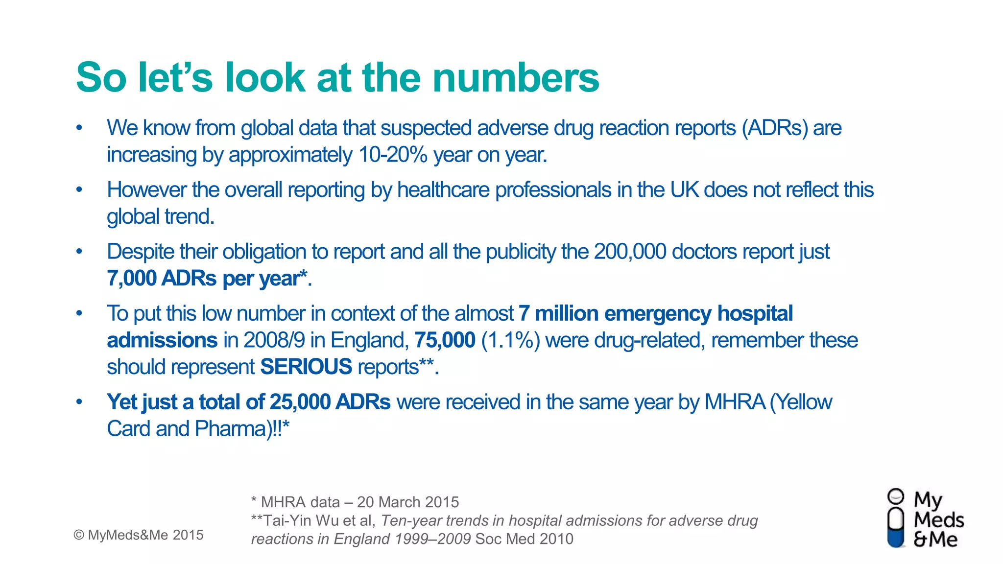 © MyMeds&Me 2015
So let’s look at the numbers
• We know from global data that suspected adverse drug reaction reports (ADRs) are
increasing by approximately 10-20% year on year.
• However the overall reporting by healthcare professionals in the UK does not reflect this
global trend.
• Despite their obligation to report and all the publicity the 200,000 doctors report just
7,000 ADRs per year*.
• To put this low number in context of the almost 7 million emergency hospital
admissions in 2008/9 in England, 75,000 (1.1%) were drug-related, remember these
should represent SERIOUS reports**.
• Yet just a total of 25,000 ADRs were received in the same year by MHRA(Yellow
Card and Pharma)!!*
* MHRA data – 20 March 2015
**Tai-Yin Wu et al, Ten-year trends in hospital admissions for adverse drug
reactions in England 1999–2009 Soc Med 2010
 