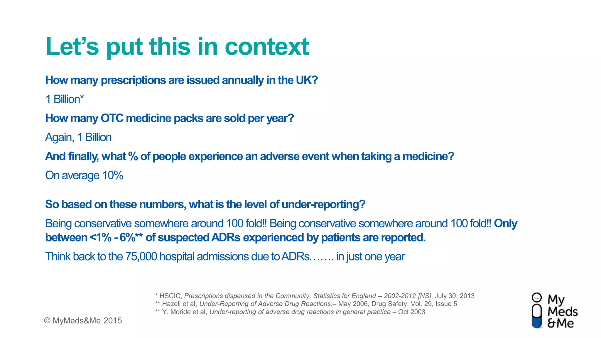 © MyMeds&Me 2015
Let’s put this in context
How many prescriptions are issued annually in the UK?
1 Billion*
How many OTC medicine packs are sold per year?
Again, 1 Billion
And finally, what% of people experience an adverse event whentaking a medicine?
On average 10%
So based on these numbers, whatis the level of under-reporting?
Being conservative somewhere around 100 fold!! Being conservative somewhere around 100 fold!! Only
between<1% - 6%** of suspectedADRs experienced by patients are reported.
Think back to the 75,000 hospital admissions due toADRs……. in just one year
* HSCIC, Prescriptions dispensed in the Community, Statistics for England – 2002-2012 [NS], July 30, 2013
** Hazell et al, Under-Reporting of Adverse Drug Reactions,– May 2006, Drug Safety, Vol. 29, Issue 5
** Y. Moride et al, Under-reporting of adverse drug reactions in general practice – Oct 2003
 