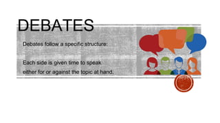 DEBATES
Debates follow a specific structure:
Each side is given time to speak
either for or against the topic at hand.
 
