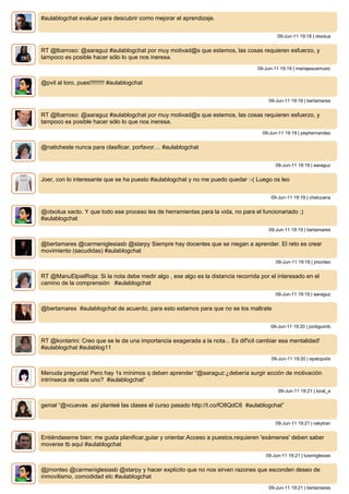 #aulablogchat evaluar para descubrir como mejorar el aprendizaje.


                                                                                            09-Jun-11 19:18 | otxolua


RT @lbarroso: @aaraguz #aulablogchat por muy motivad@s que estemos, las cosas requieren esfuerzo, y
tampoco es posible hacer sólo lo que nos ineresa.
                                                                                   09-Jun-11 19:19 | mariajesusmusic


@pvil al toro, pues!!!!!!!!! #aulablogchat


                                                                                        09-Jun-11 19:19 | bertamares


RT @lbarroso: @aaraguz #aulablogchat por muy motivad@s que estemos, las cosas requieren esfuerzo, y
tampoco es posible hacer sólo lo que nos ineresa.
                                                                                     09-Jun-11 19:19 | pephernandez


@naticheste nunca para clasificar, porfavor.... #aulablogchat


                                                                                           09-Jun-11 19:19 | aaraguz


Joer, con lo interesante que se ha puesto #aulablogchat y no me puedo quedar :-( Luego os leo


                                                                                         09-Jun-11 19:19 | chelucana


@otxolua xacto. Y que todo ese proceso les de herramientas para la vida, no para el funcionariado ;)
#aulablogchat
                                                                                        09-Jun-11 19:19 | bertamares


@bertamares @carmeniglesiasb @starpy Siempre hay docentes que se niegan a aprender. El reto es crear
movimiento (sacudidas) #aulablogchat
                                                                                           09-Jun-11 19:19 | jmonteo


RT @ManuElpielRoja: Si la nota debe medir algo , ese algo es la distancia recorrida por el interesado en el
camino de la comprensión #aulablogchat
                                                                                           09-Jun-11 19:19 | aaraguz


@bertamares #aulablogchat de acuerdo, para esto estamos para que no se los maltrate


                                                                                         09-Jun-11 19:20 | jordiguimb


RT @kontarini: Creo que se le da una importancia exagerada a la nota... Es dif'icil cambiar esa mentalidad!
#aulablogchat #aulablog11
                                                                                         09-Jun-11 19:20 | epalopolis


Menuda pregunta! Pero hay 1s mínimos q deben aprender “@aaraguz:¿debería surgir acción de motivación
intrínseca de cada uno? #aulablogchat”
                                                                                            09-Jun-11 19:21 | toral_a


genial “@vcuevas así planteé las clases el curso pasado http://t.co/fO8QdC6 #aulablogchat”


                                                                                           09-Jun-11 19:21 | rakytran


Entiéndaseme bien: me gusta planificar,guiar y orientar.Acceso a puestos,requieren 'exámenes' deben saber
moverse tb aquí #aulablogchat
                                                                                      09-Jun-11 19:21 | luismiglesias


@jmonteo @carmeniglesiasb @starpy y hacer explícito que no nos sirven razones que esconden deseo de
inmovilismo, comodidad etc #aulablogchat
                                                                                        09-Jun-11 19:21 | bertamares
 