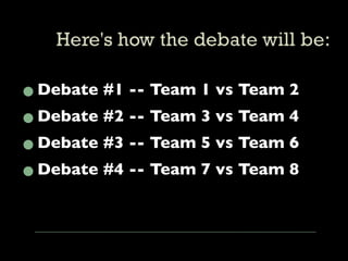 • Debate #1 -- Team 1 vs Team 2
• Debate #2 -- Team 3 vs Team 4
• Debate #3 -- Team 5 vs Team 6
• Debate #4 -- Team 7 vs Team 8
 