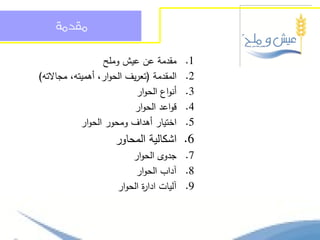 ‫مكدمة‬

                  ‫مقدمة عن عيش وممح‬       ‫1.‬
‫المقدمة (تعريف الحوار، أىميتو، مجاالتو)‬   ‫2.‬
                           ‫أنواع الحوار‬   ‫3.‬
                           ‫قواعد الحوار‬   ‫4.‬
            ‫اختيار أىداف ومحور الحوار‬     ‫5.‬
                     ‫6. اشكالية المحاور‬
                          ‫7. جدوى الحوار‬
                           ‫8. آداب الحوار‬
                      ‫9. آليات ادا ة الحوار‬
                             ‫ر‬
 