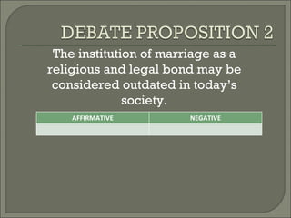 The institution of marriage as a religious and legal bond may be considered outdated in today’s society. AFFIRMATIVE NEGATIVE 