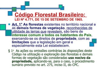 Código Florestal Brasileiro:  LEI Nº 4.771, DE 15 DE SETEMBRO DE 1965. Art. 1°   As florestas  existentes no território nacional e as  demais formas de vegetação ,  reconhecidas de utilidade às terras que   revestem,  são bens de  interesse comum a todos os habitantes do País , exercendo-se os direitos de  propriedade , com as  limitações  que a legislação em geral e especialmente esta Lei estabelecem. § 1 o   As ações ou omissões contrárias às disposições deste Código na utilização e exploração das florestas e demais formas de vegetação são consideradas  uso nocivo da propriedade,  aplicando-se, para o caso, o procedimento sumário previsto no art. 275, inciso II, do CPC. 