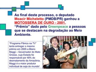 Ao final deste processo, o deputado  Moacir Micheletto  (PMDB/PR) ganhou a  MOTOSSERA DE OURO - 2001.   “Prêmio” dado pelo  Greenpeace  a pessoas que se destacam na degradação ao Meio Ambiente.   “ Programa Pânico na TV” tenta entregar o mesmo prêmio em 2005 a Blairo Maggi – Governador do Mato Grosso, cujo Estado foi responsável por 48% do desmatamento da Amazônia. Maggi é o maior produtor individual de soja do mundo! 