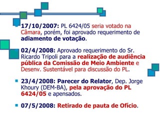 17/10/2007:  PL 6424/05  seria votado na Câmara , porém, foi aprovado requerimento de  adiamento de votação .  02/4/2008:  Aprovado requerimento do Sr. Ricardo Tripoli para a  realização de audiência pública da Comissão de Meio Ambiente  e Desenv. Sustentável para discussão do PL .  23/4/2008:   Parecer do Relator , Dep. Jorge Khoury (DEM-BA),  pela aprovação do PL 6424/05  e apensados.   07/5/2008:   Retirado de pauta de Ofício . 