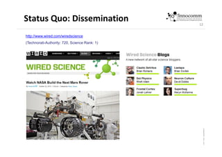 12
Status Quo: Dissemination
http://www.wired.com/wiredscience
(Technorati-Authority: 720, Science Rank: 1)
 
