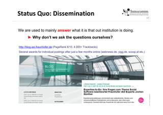 17
Status Quo: Dissemination
We are used to mainly answer what it is that out institution is doing.
► Why don’t we ask the...