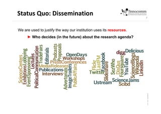 7
Status Quo: Dissemination
We are used to justify the way our institution uses its resources.
► Who decides (in the futur...
