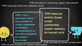 THW penalize
sports teams
whose
supporters
commit immoral
or violent acts
THBT it is a
legitimate tactic
for activists to
launch campaigns
of personal
attacks/insults at
the family members
of corrupt
politicians
1
THR the rise of the social media "influencer"
THW legalize physician-assisted death
THR the rise of online dating apps
THR the prevalence of violent video games
 