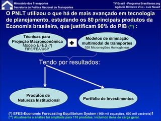 O PNLT utilizou o que há de mais avançado em tecnologia de planejamento, estudando os 80   principais produtos da Economia brasileira, que justificam 90% do PIB  (**)  : Tendo por resultados: Técnicas para  Projeção Macroeconômica Modelo EFES   (*) FIPE/FEA/USP   Modelos de simulação multimodal de transportes 558 Microrregiões Homogêneas Produtos de  Natureza Institucional Portfólio de Investimentos  (**) Atualmente a análise foi ampliada para 110 produtos, incluindo itens de carga geral. (*) EFES-Economic Forecasting Equilibrium System  (160 mil equações, 600 mil varáveis) 1 