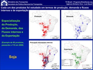 Principais transações internas   Exportação   Espacialização  da Produção,   da Demanda, dos Fluxos internos e da Exportação  (Exemplo de 80 produtos, passando a 110 em 2008) Produção Demanda Soja Cada um dos produtos foi estudado em termos de produção, demanda e fluxos internos e de exportação 