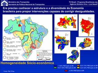 75,01-100% PIB/Capita do BR 50,01-75% PIB/Capita do BR 30,01-50% PIB/Capita do BR ≤  30 % PIB/Capita do BR Fonte: PNLT/Fipe > 1 00% PIB/Capita do BR Homogeneidade Sócio-econômica Era preciso conhecer a estrutura e a diversidade da Economia brasileira para propor intervenções capazes de corrigir desigualdades. 