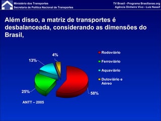 Além disso, a matriz de transportes é desbalanceada, considerando as dimensões do Brasil,  ANTT – 2005 