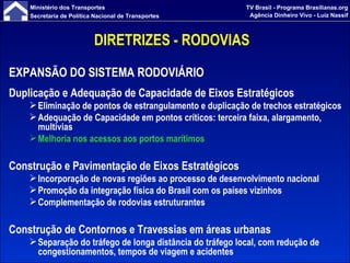 EXPANSÃO DO SISTEMA RODOVIÁRIO Duplicação e Adequação de Capacidade de Eixos Estratégicos Eliminação de pontos de estrangulamento e duplicação de trechos estratégicos Adequação de Capacidade em pontos críticos: terceira faixa, alargamento, multivias Melhoria nos acessos aos portos marítimos Construção e Pavimentação de Eixos Estratégicos Incorporação de novas regiões ao processo de desenvolvimento nacional Promoção da integração física do Brasil com os países vizinhos Complementação de rodovias estruturantes Construção de Contornos e Travessias em áreas urbanas Separação do tráfego de longa distância do tráfego local, com redução de congestionamentos, tempos de viagem e acidentes DIRETRIZES - RODOVIAS  