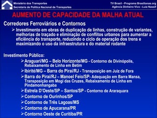 AUMENTO DE CAPACIDADE DA MALHA ATUAL Corredores Ferroviários e Contornos Investimento em obras de duplicação de linhas, construção de variantes, melhorias de traçado e eliminação de conflitos urbanos para aumentar a eficiência do transporte, reduzindo o ciclo de operação dos trens e maximizando o uso da infraestrutura e do material rodante Investimento Público: Araguari/MG – Belo Horizonte/MG  - Contorno de Divinópolis, Rebaixamento de Linha em Betim Ibirité/MG – Barra do Piraí/RJ  - Transposição em Juiz de Fora Barra do Piraí/RJ  –  Manoel Feio/SP - Adequação em Barra Mansa, Transposição em Mogi das Cruzes, Rebaixamento de Linha em Pindamonhangaba  Estrela D’Oeste/SP – Santos/SP  - Contorno de Araraquara Contorno de Ourinhos/SP Contorno de Três Lagoas/MS Contorno de Apucarana/PR Contorno Oeste de Curitiba/PR 