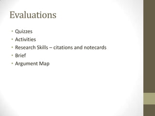 EvaluationsQuizzesActivitiesResearch Skills – citations and notecardsBriefArgument Map