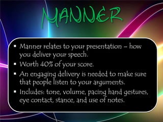 Manner
 Manner relates to your presentation – how
you deliver your speech.
 Worth 40% of your score.
 An engaging delivery is needed to make sure
that people listen to your arguments.
 Includes: tone, volume, pacing hand gestures,
eye contact, stance, and use of notes.
 