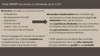 Ines MININ Secrétaire Confédérale de la CFDT
Par leur engagement citoyen, les étudiants
s’approprient de multiples compétences
complémentaires à leur formation,
indispensables à leur réussite future.
Révolutions actuelles du marché du travail
- Globalisation
- Développement Durable
- Digitalisation
- Inclusion Sociale
- Valeurs / Sens du Travail
- Gouvernance des entreprises
Nécessaires transformations des universités vers
- des formations et des équipements (digital) en
adéquation avec ces révolutions.
- des expériences étudiantes dans leurs formations
et intégrées dans l’évaluation des étudiants.
- des gouvernances ouvertes aux acteurs sociaux
et économiques de leurs territoires
L’AFEV permet aux étudiants des universités
cet engagement dans une offre valorisante
de responsabilités de qualité et de proximité.
 