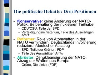 Die politische Debatte: Drei Positionen Konservative :   keine Änderung der NATO-Politik, Beibehaltung der nuklearen Teilhabe CDU/CSU, Teile der SPD Verteidigungsministerium, Teile des Auswärtigen Amts Reformer : Rolle von Atomwaffen in der NATO vermindern, Deutschlands Involvierung reduzieren/deutscher Ausstieg SPD, Teile der Grünen, FDP Teile des Auswärtigen Amts Abrüster : Denuklearisierung der NATO, Abzug der Waffen aus Europa Grüne, Die Linke, (FDP) 