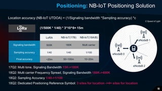Location accuracy (NB-IoT UTDOA) = (1/Signaling bandwidth *Sampling accuracy) *c
(1/500K * 1/40) * 3*10^8= 15m
18Q2: Dedicated Positioning Reference Symbol: 3 sites for location ->4+ sites for location
18Q2: Multi carrier Frequency Spread, Signaling Bandwidth 180K->400K
17Q2: Multi tone. Signaling Bandwidth 15K->180K
18Q2: Sampling Accuracy 1/40->1/100
Positioning: NB-IoT Positioning Solution
eNodeB 2
eNodeB 0
eNodeB 1
LoRA NB-IoT(17B) NB-IoT(18A/B)
Signaling bandwidth 500K 180K Multi carrier
Sampling accuracy 1/40 1/40 1/100
Final accuracy ~20m 50~100m 10~20m
C:Speed of Light
16
 