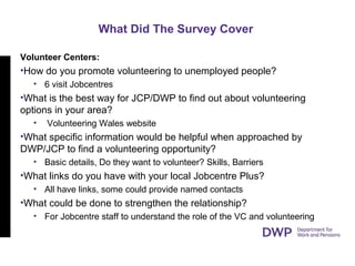 What Did The Survey Cover
Volunteer Centers:
•How do you promote volunteering to unemployed people?
• 6 visit Jobcentres
•What is the best way for JCP/DWP to find out about volunteering
options in your area?
• Volunteering Wales website
•What specific information would be helpful when approached by
DWP/JCP to find a volunteering opportunity?
• Basic details, Do they want to volunteer? Skills, Barriers
•What links do you have with your local Jobcentre Plus?
• All have links, some could provide named contacts
•What could be done to strengthen the relationship?
• For Jobcentre staff to understand the role of the VC and volunteering
 